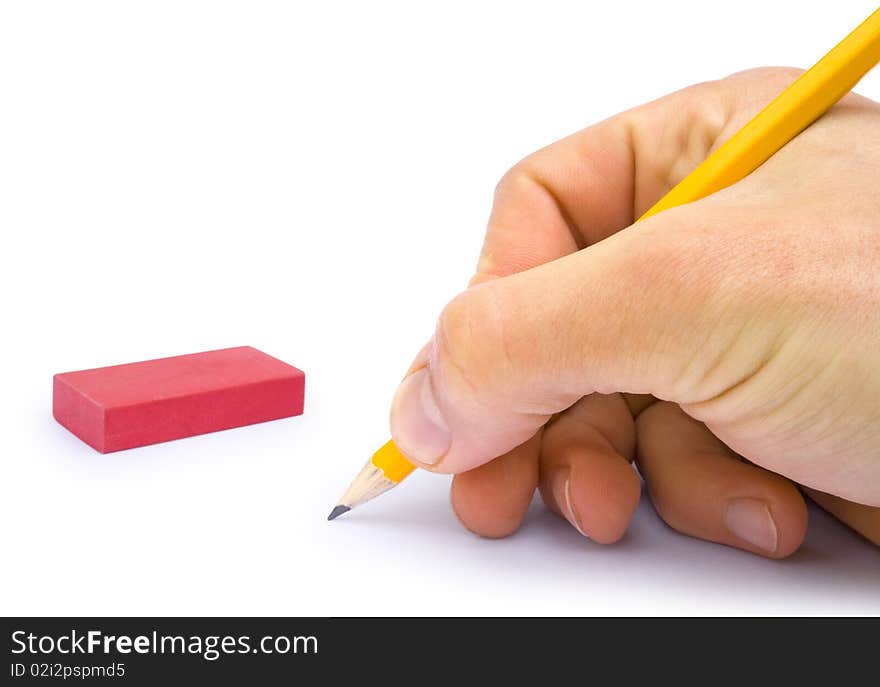 One man's hand with the pencil isolated on white background