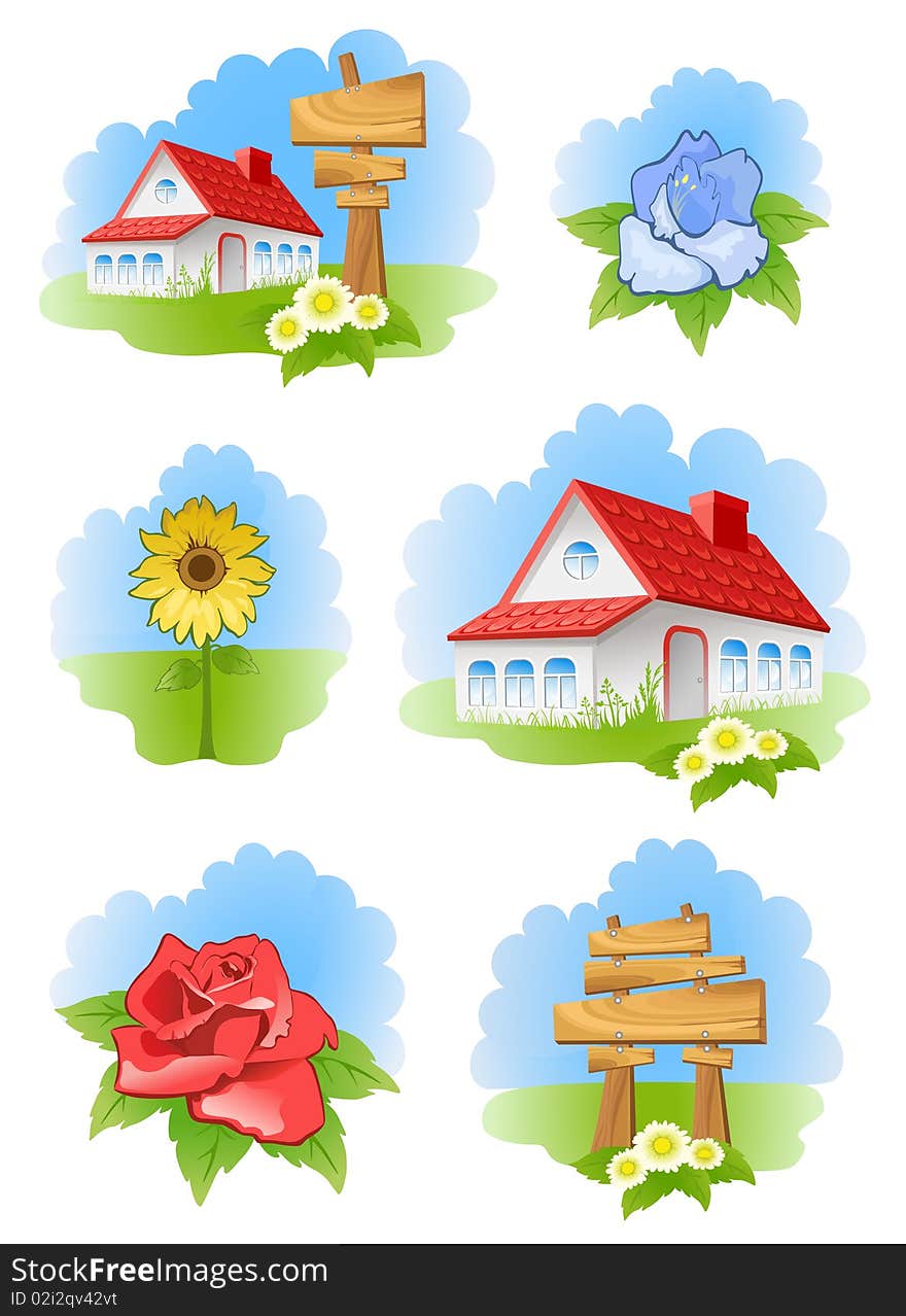 Summer set of houses, flowers and signs