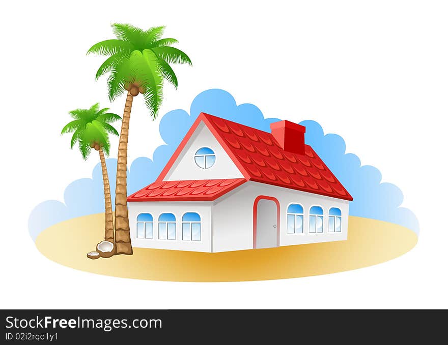 Cottage on a beach and palms. Vector image