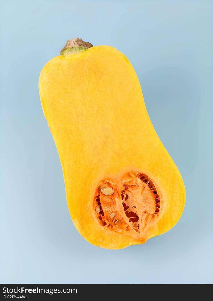 Butternut pumpkin isolated against a blue background