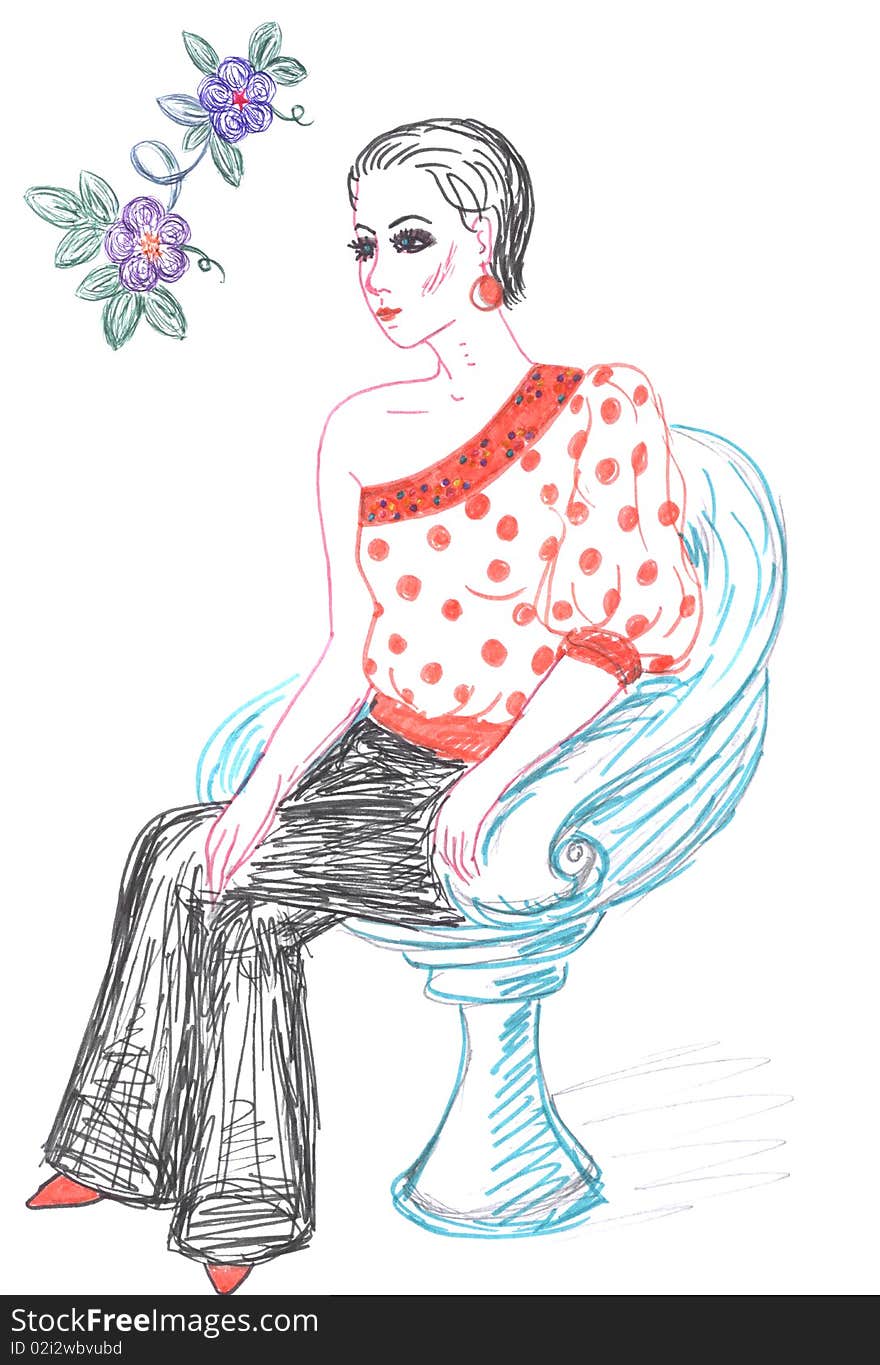 Sitting fashionable woman in blouse, sketch, colored drawing. Sitting fashionable woman in blouse, sketch, colored drawing