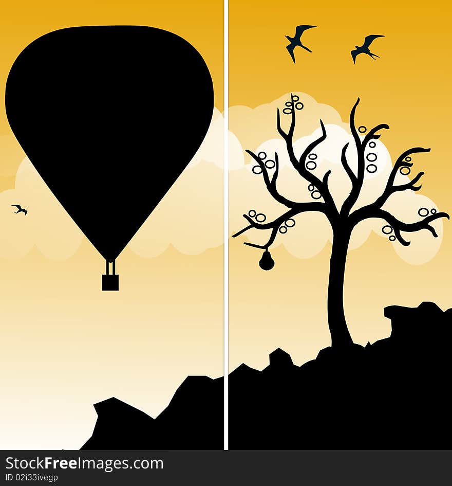 Rising hot air ballon silhouetted in composition with the silhouette of a tree. Rising hot air ballon silhouetted in composition with the silhouette of a tree.