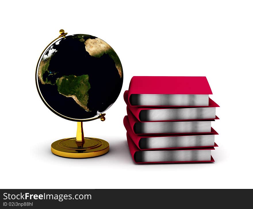 Educational concept. Globe and stack of books isolated on white background. High quality 3d render.