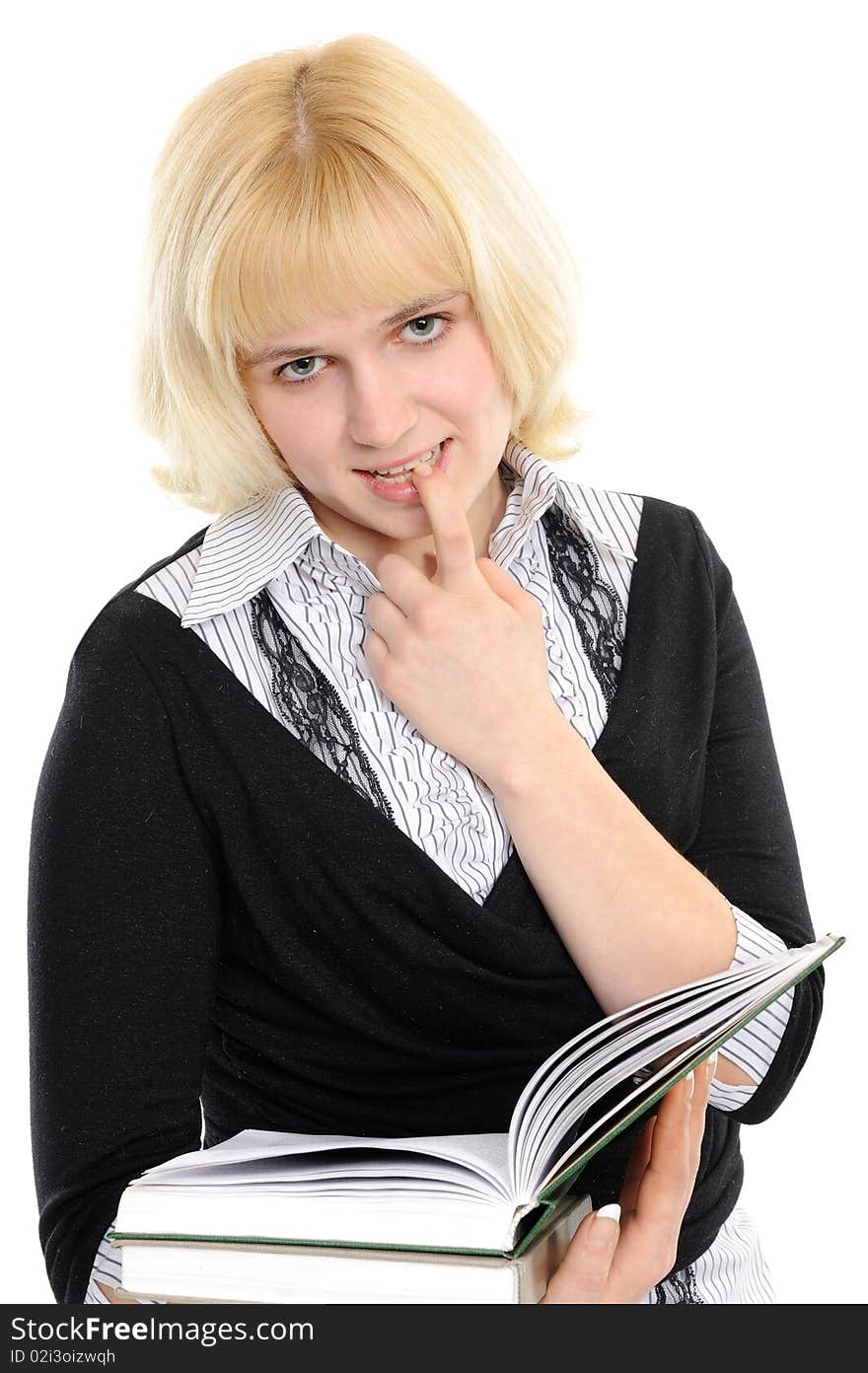 Young girl with book on a white background