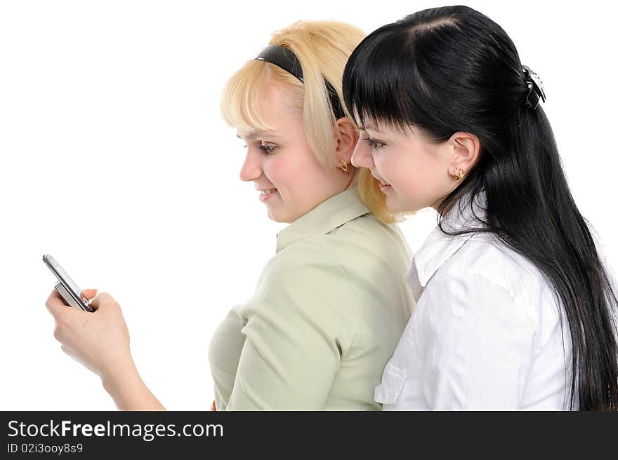 Beautiful women with phone, on a white background