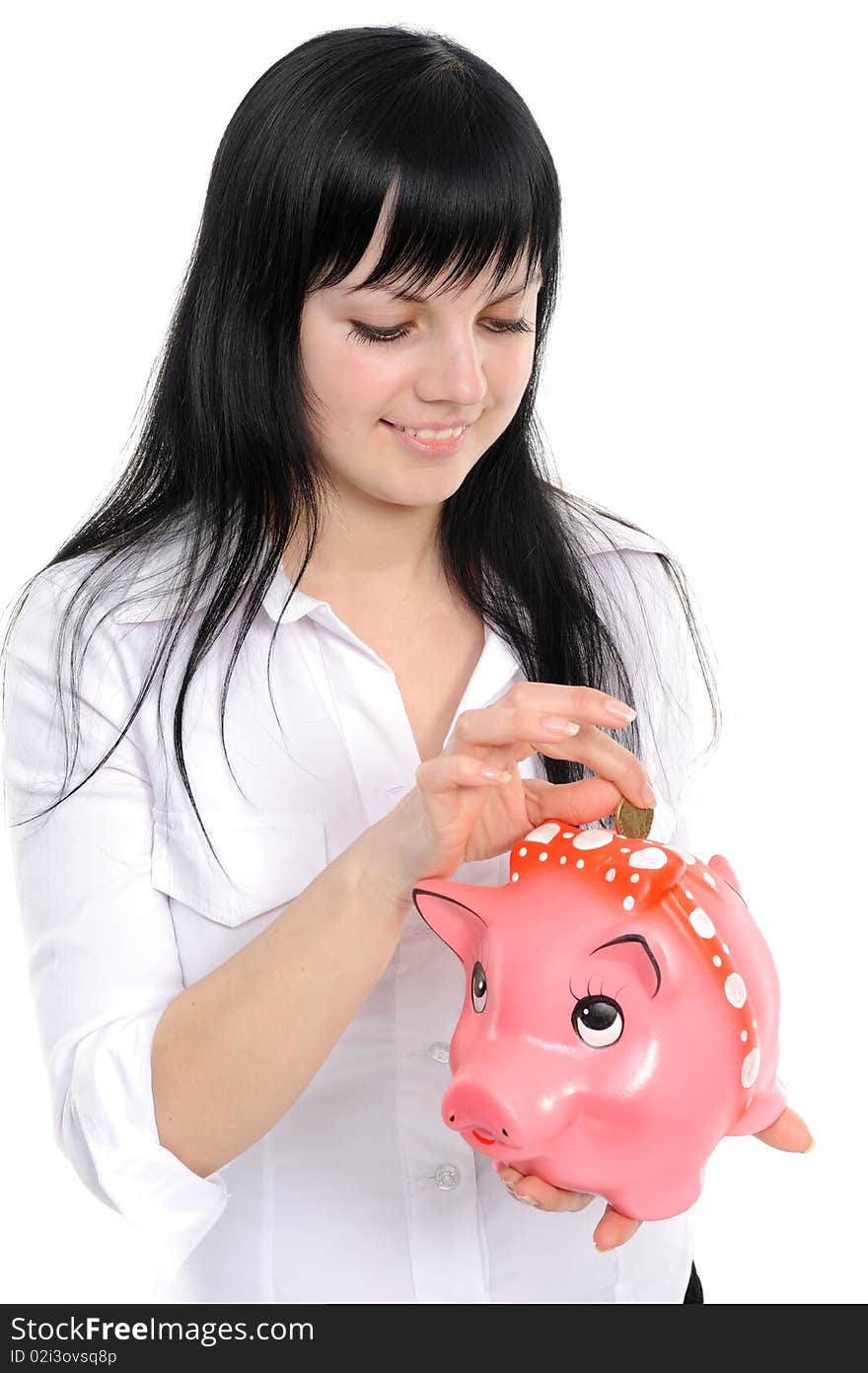 Young beautiful woman standing with piggy-bank (money box), isolated on white background. Young beautiful woman standing with piggy-bank (money box), isolated on white background