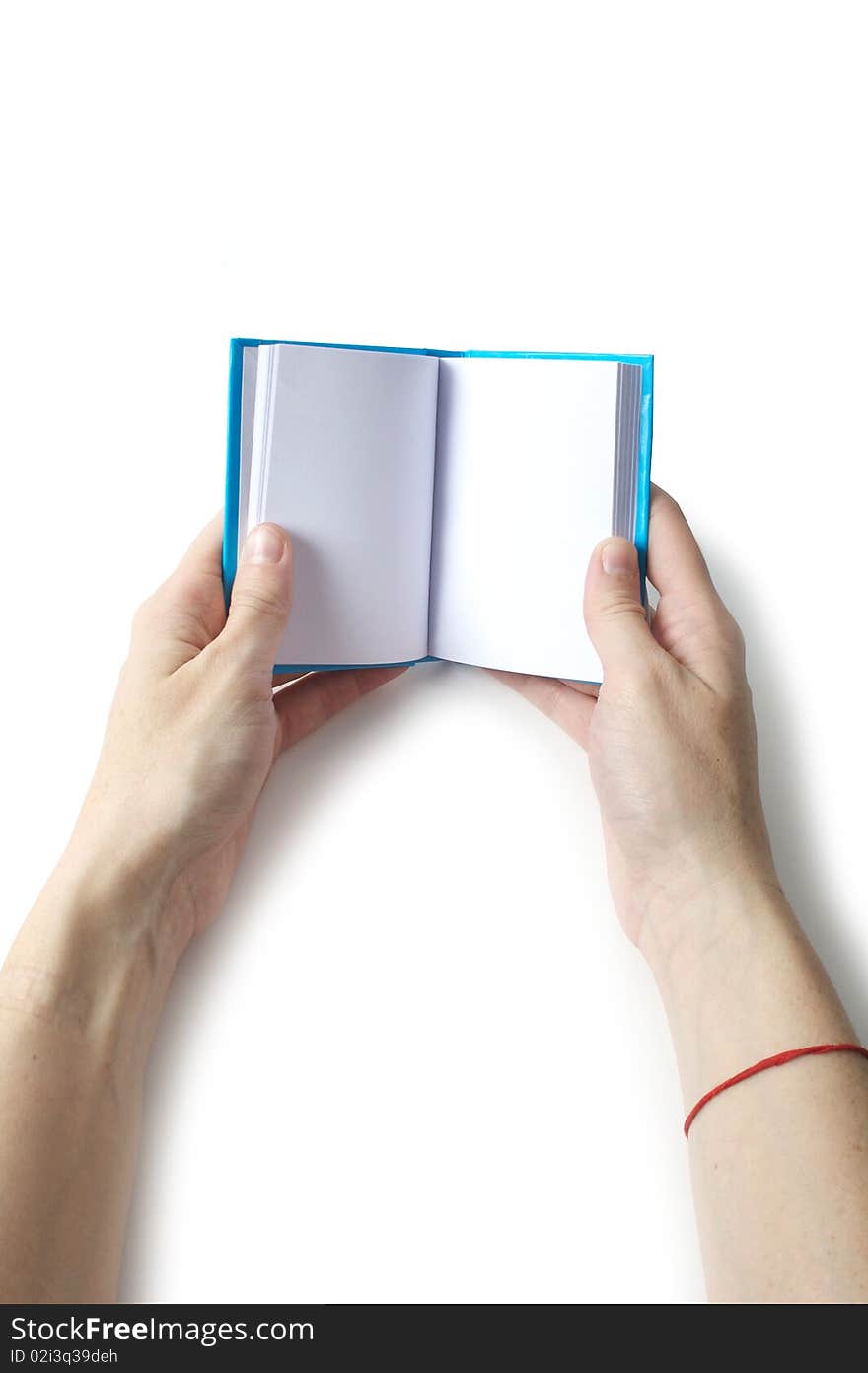 Hand with a notebook on white background