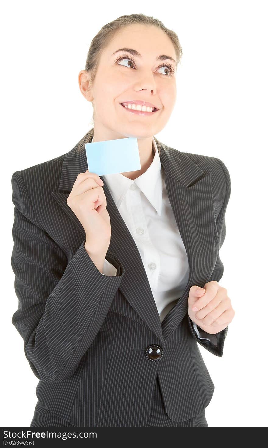 Portrait of woman in business clothing with blank card. Portrait of woman in business clothing with blank card