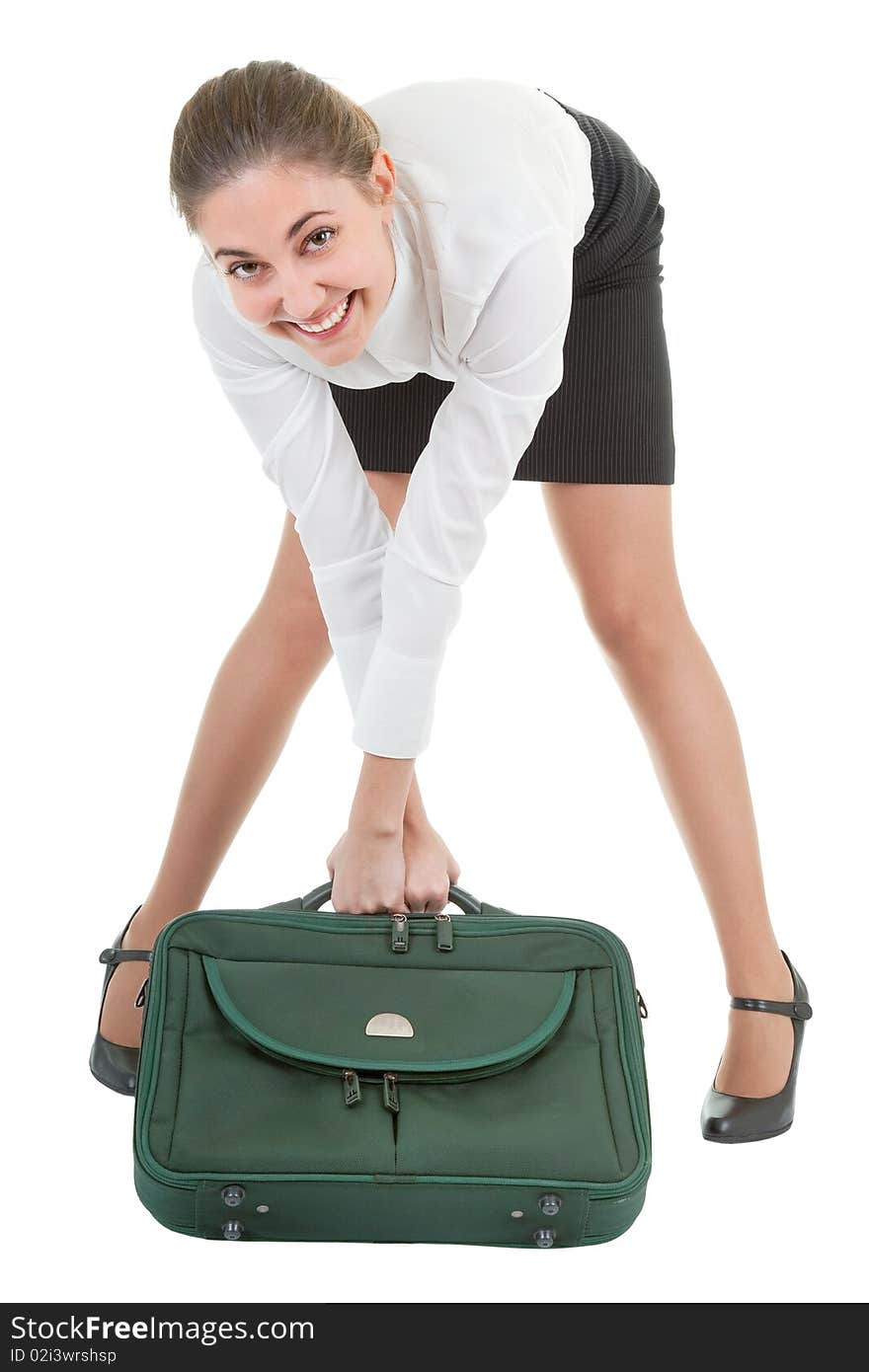 Business woman with a luggage on white background. Business woman with a luggage on white background