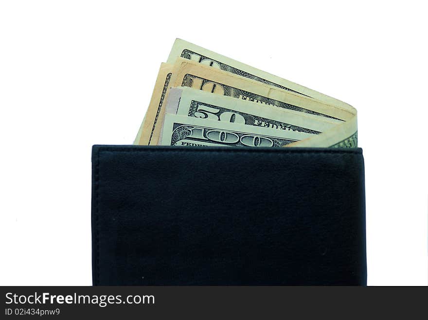 Black leather wallet with dollars inside isolated on white background