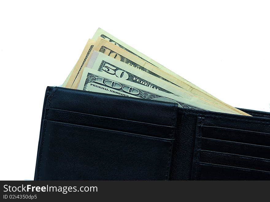 Black leather wallet with dollars inside isolated on white background