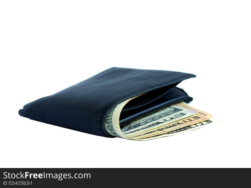 Black leather wallet with dollars inside isolated on white background