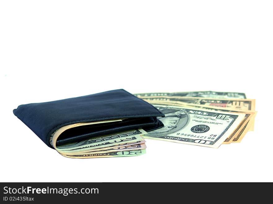 Black leather wallet with dollars inside isolated on white background