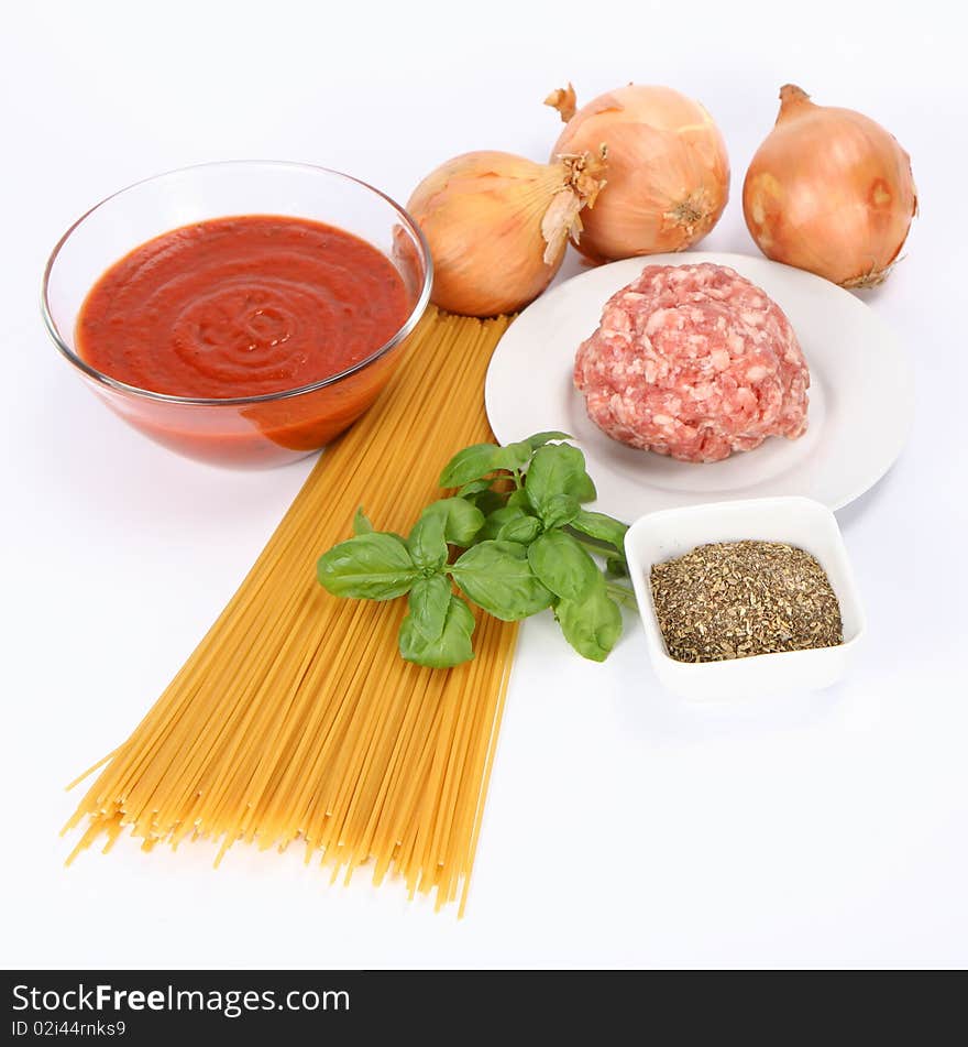 Ingredients for spaghetti bolognese on white background. Ingredients for spaghetti bolognese on white background