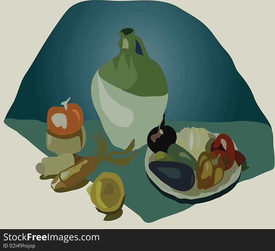 image of still life with green-stuffs and by a jug. image of still life with green-stuffs and by a jug