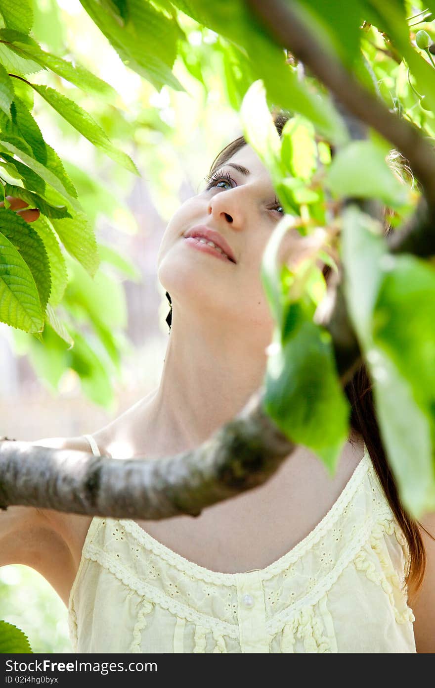 Beautiful young girl enjoying the sunny day in an orchard. Beautiful young girl enjoying the sunny day in an orchard