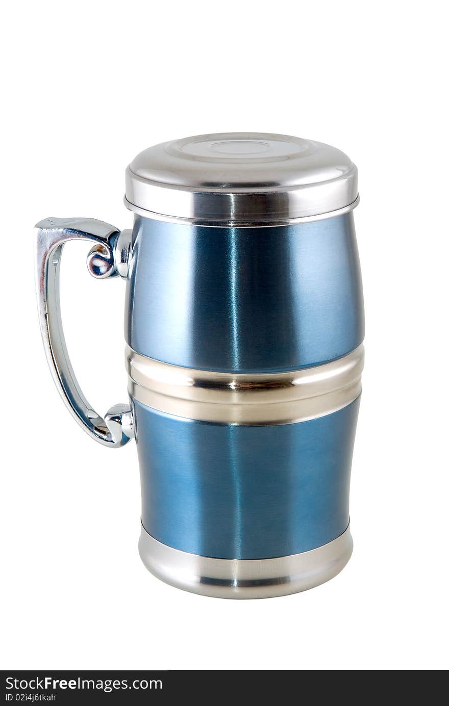 Blue travel cup on the white background