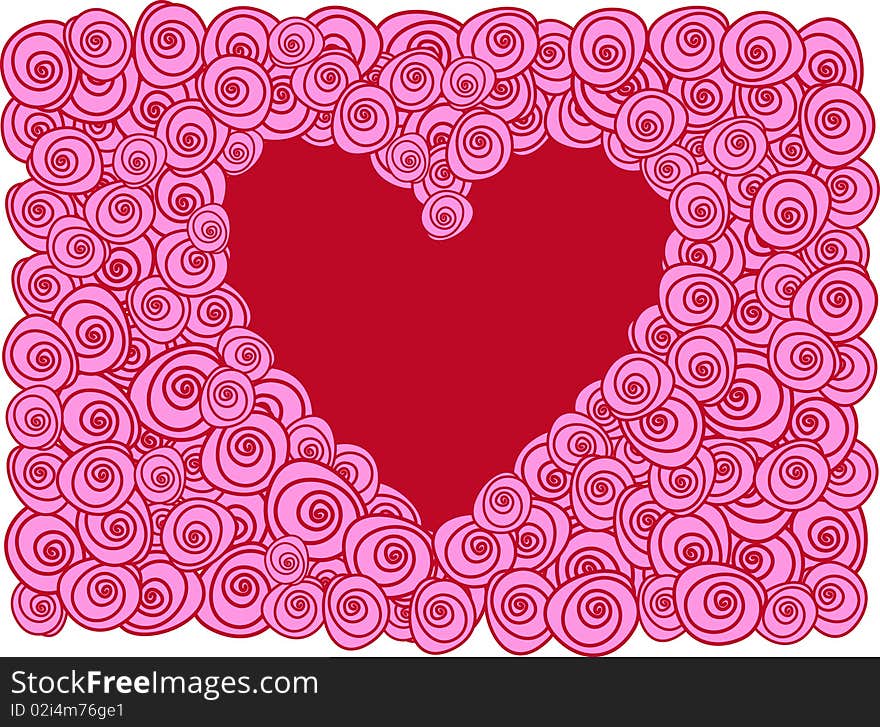 Red heart with pink roses, background. Red heart with pink roses, background