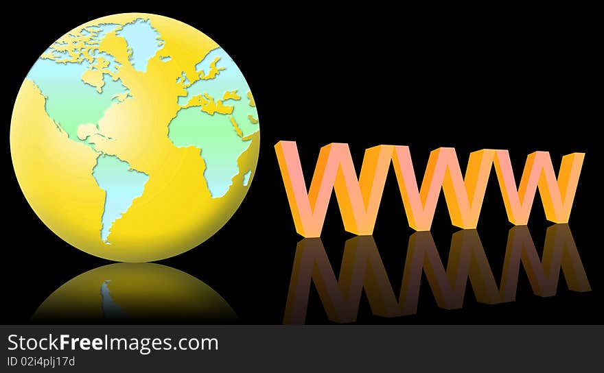 Www and the world globe. black background and reflection. Www and the world globe. black background and reflection