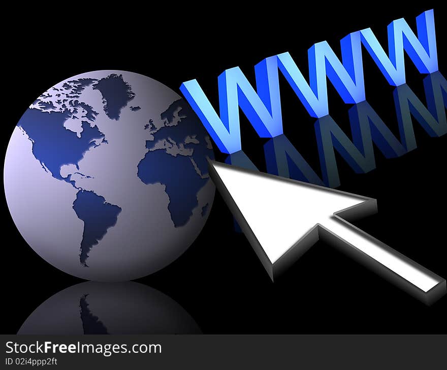 Www and the world globe with the arrow pointer. Www and the world globe with the arrow pointer