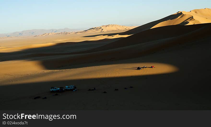 Camping on dune in Sahara desert at sunrise. Camping on dune in Sahara desert at sunrise