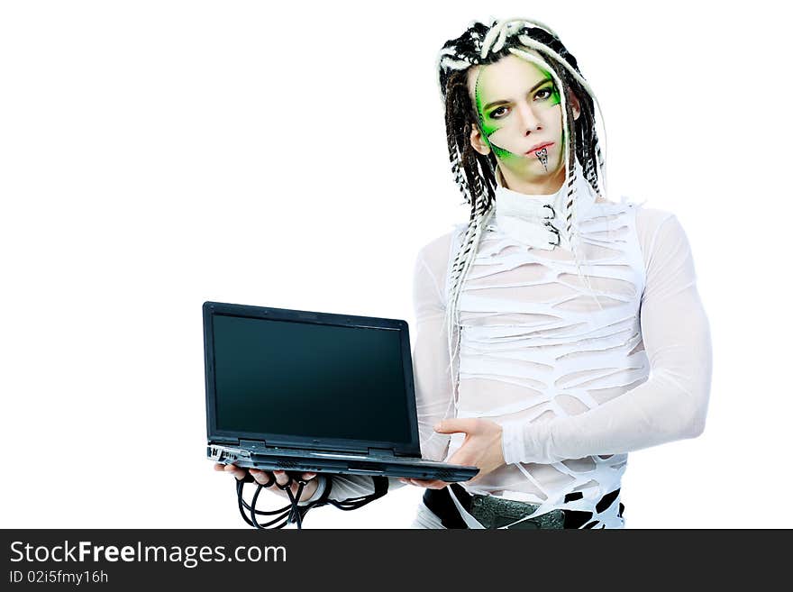 Shot of a futuristic young man with wires holding a laptop. Isolated over white background. Shot of a futuristic young man with wires holding a laptop. Isolated over white background.