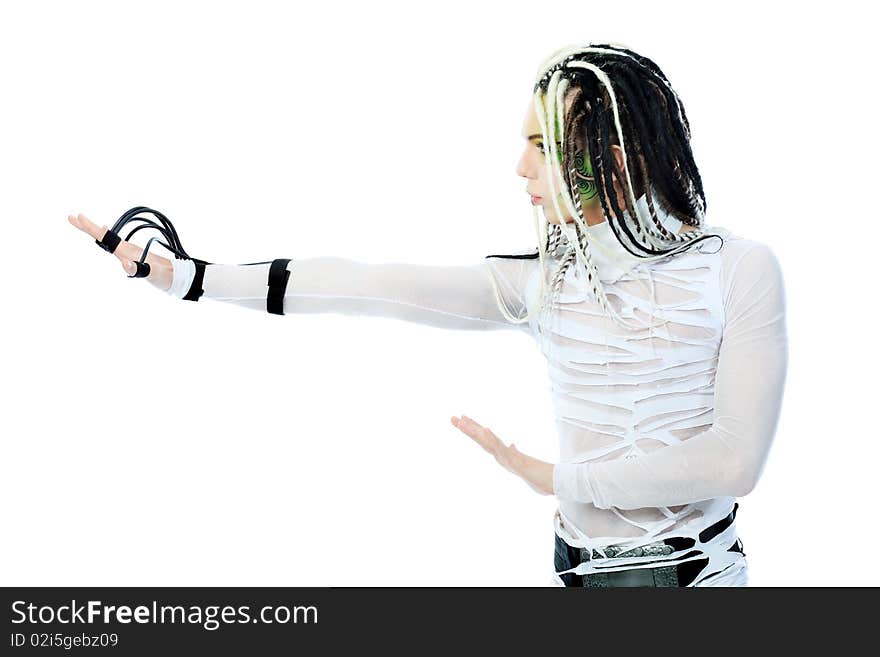 Shot of a futuristic young man with wires. Isolated over white background. Shot of a futuristic young man with wires. Isolated over white background.