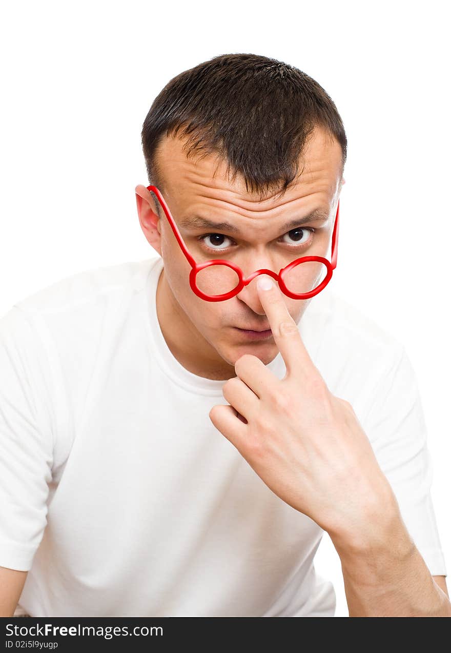 Young man in red glasses