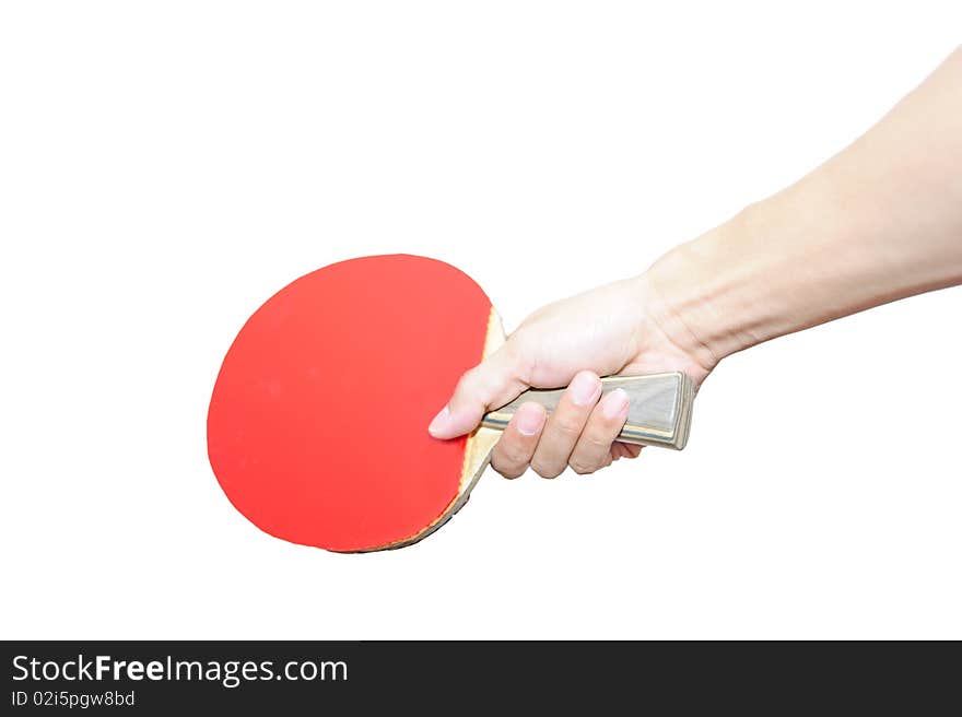 A hand holding table tennis bat , on white