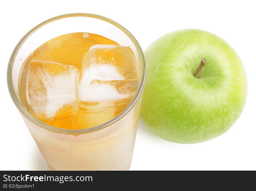 Ripe apple and juice on white background (isolated, clipping path)