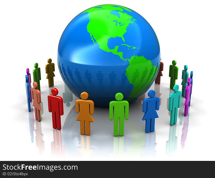 Abstract 3d illustration of people around earth globe