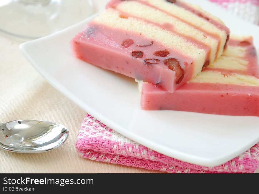 Chinese delicious jelly sponge cake made from red bean for dessert. For concepts such as food and beverage, diet and nutrition, and sweets and cakes.