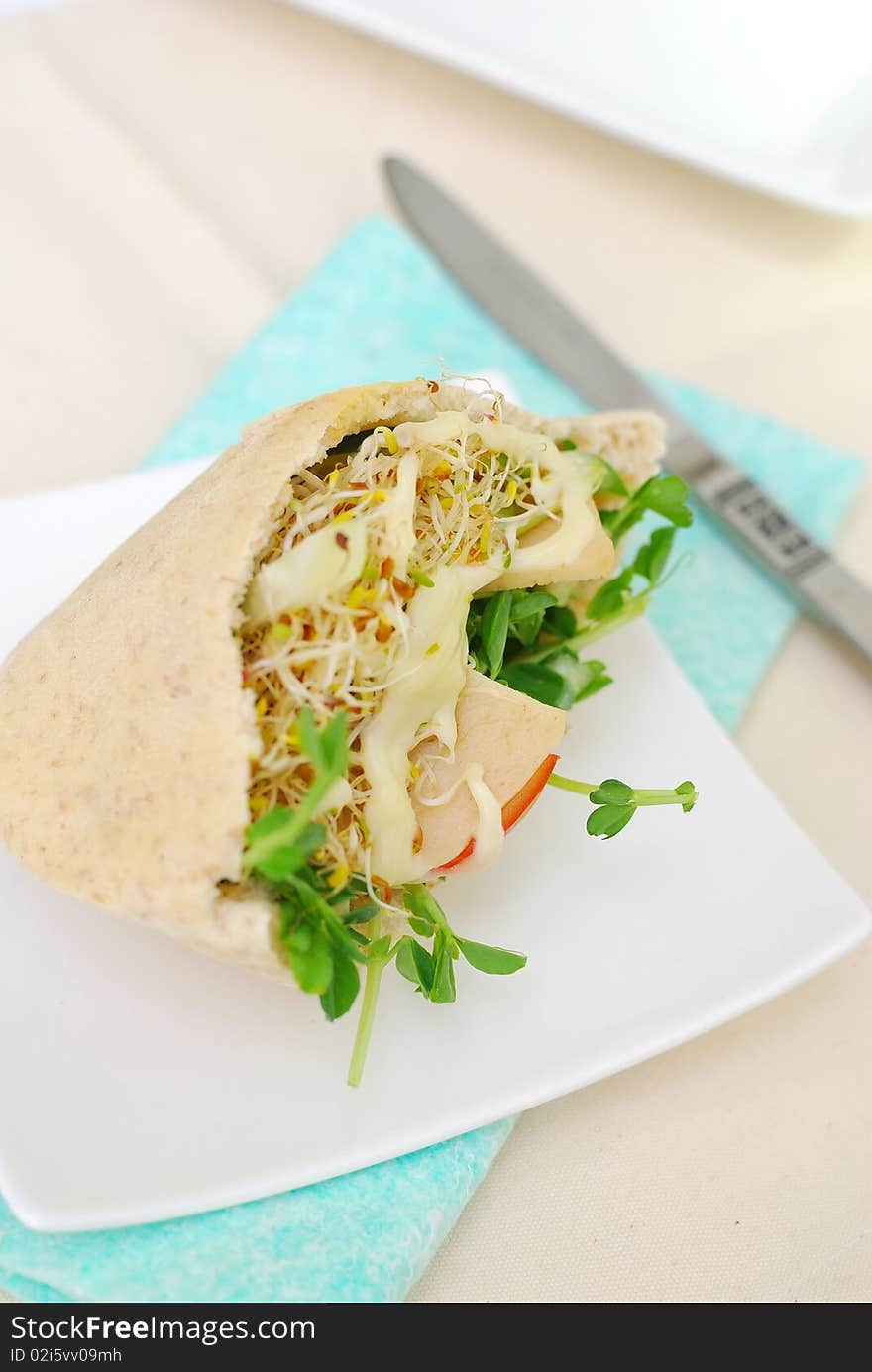 Healthy pocket salad stuffed in organic wholemeal pita bread. Healthy eating, diet and nutrition, and lifestyle concepts. Healthy pocket salad stuffed in organic wholemeal pita bread. Healthy eating, diet and nutrition, and lifestyle concepts.