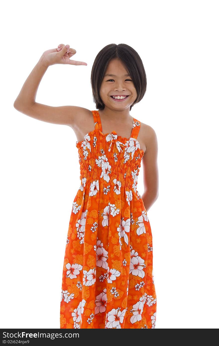 Cute shy asian girl raising her hand, isolated on white background. Cute shy asian girl raising her hand, isolated on white background
