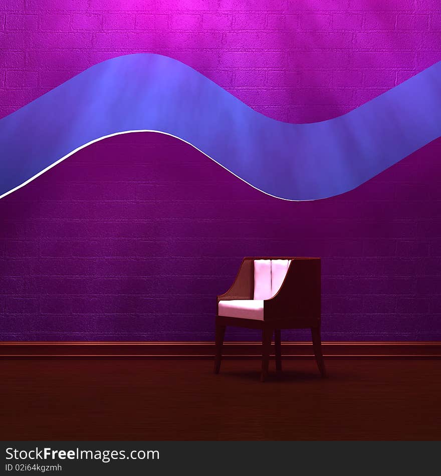 Alone chair with blue wave on the wall