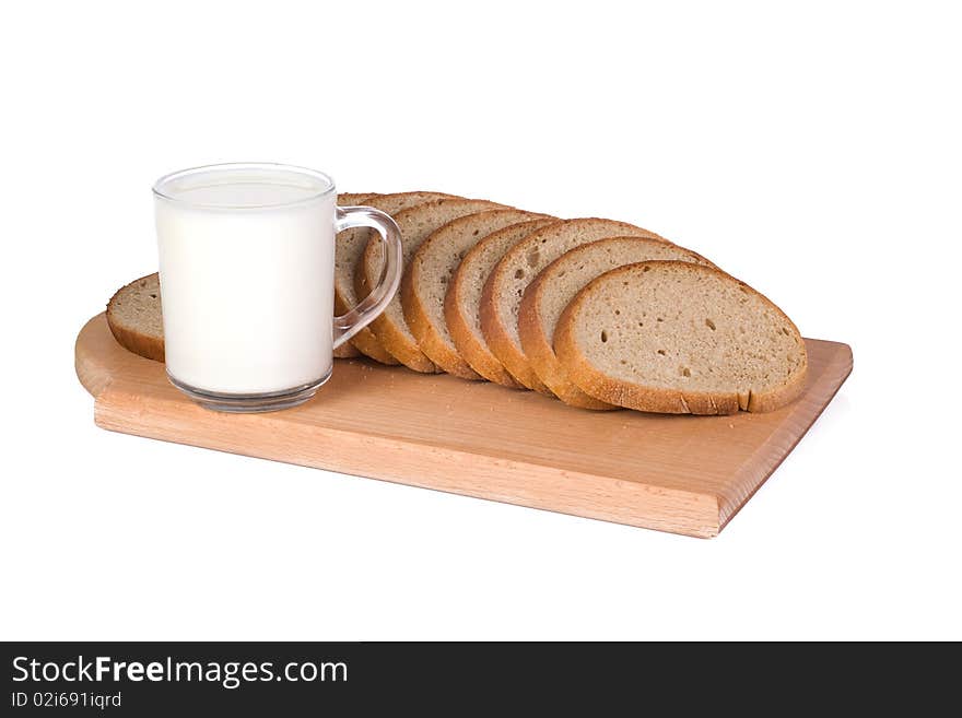 Isolated milk and bread on white