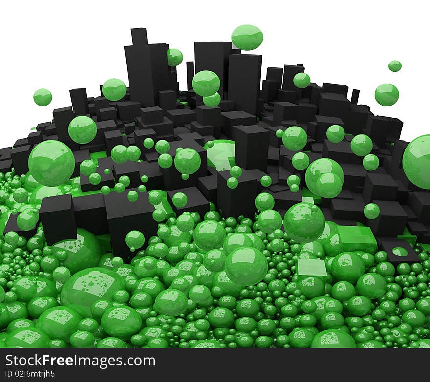 Dark gray boxes and green balls collide with each other on a white background. Dark gray boxes and green balls collide with each other on a white background