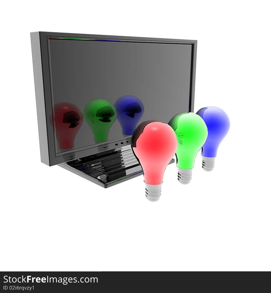 Red, blue and green lightbulbs with monitor