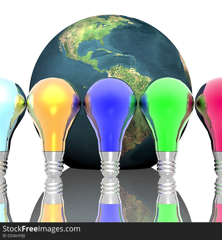 Red, blue and green lightbulbs with earth isolated on a white background