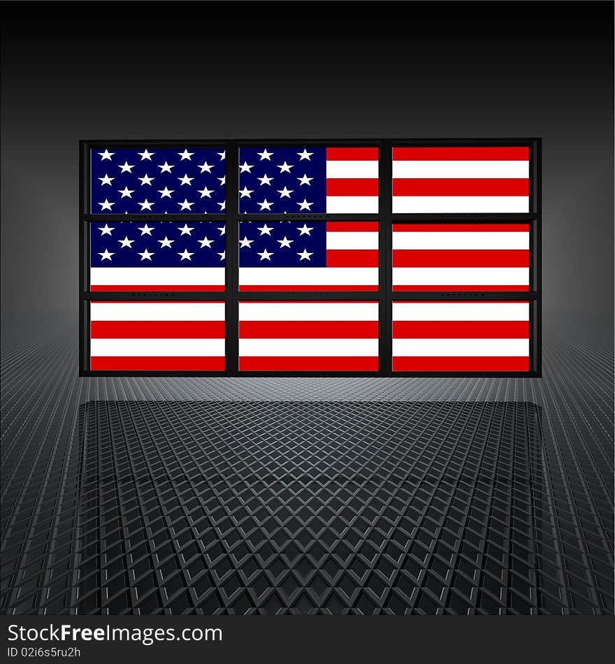 Video Wall With Us Flag On Screens