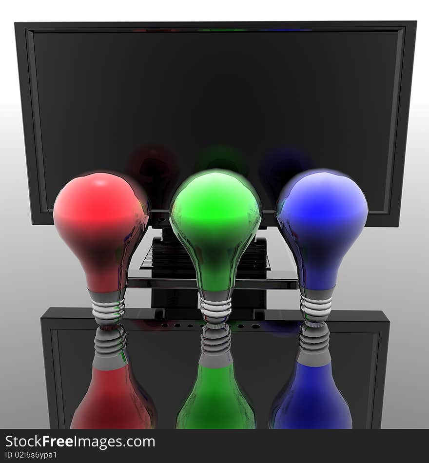 Red, blue and green lightbulbs with monitor