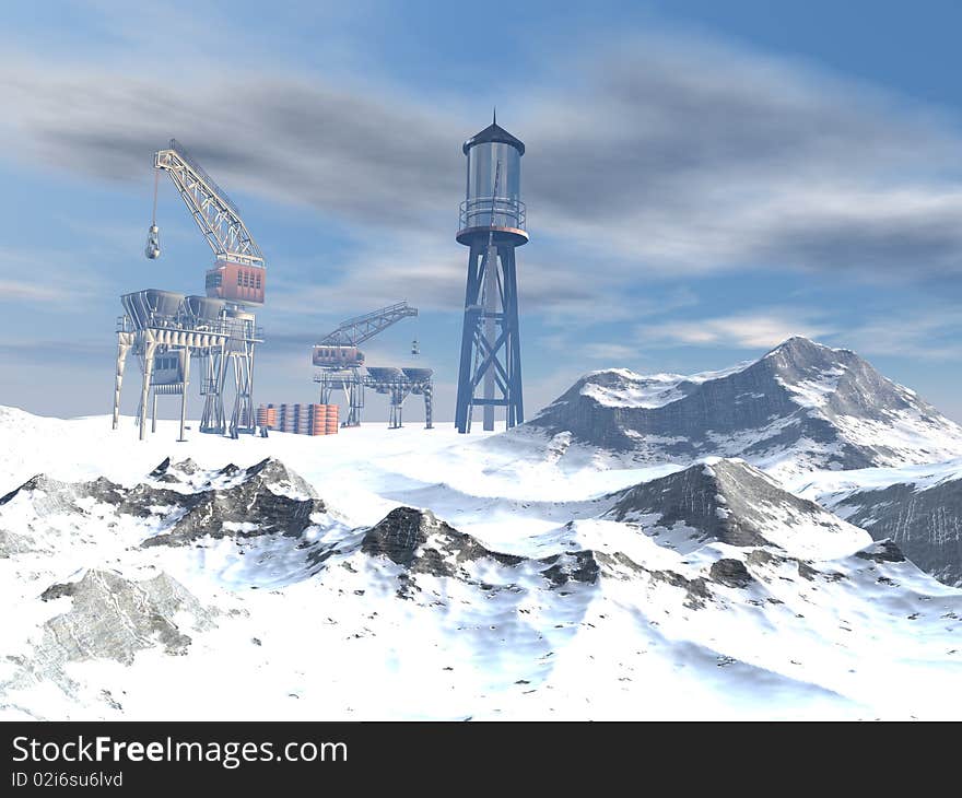 Drilling Platform in winter landscape in 3d