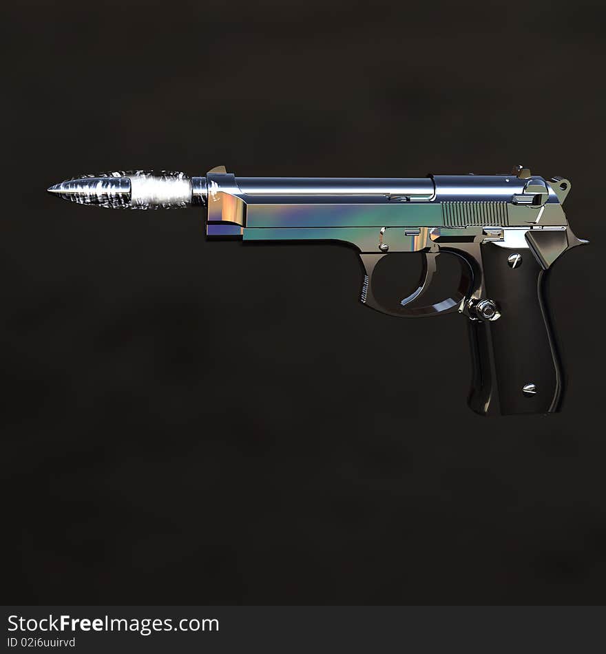 Gun with flying bullet on dark background