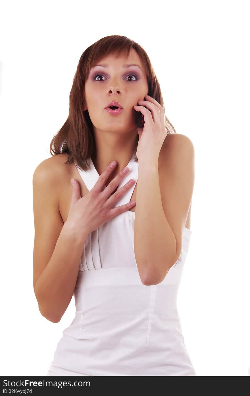 Portrait of a woman talking on mobile isolated on a white background. Portrait of a woman talking on mobile isolated on a white background