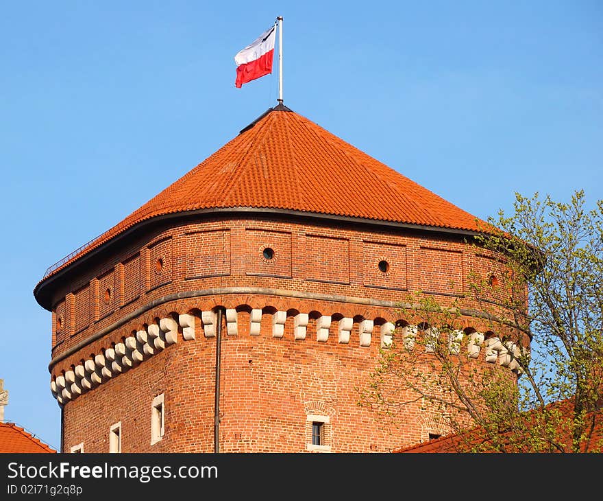 Wawel Royal Castle tower with Polish flag with black mourning band after death of the president. Wawel Royal Castle tower with Polish flag with black mourning band after death of the president