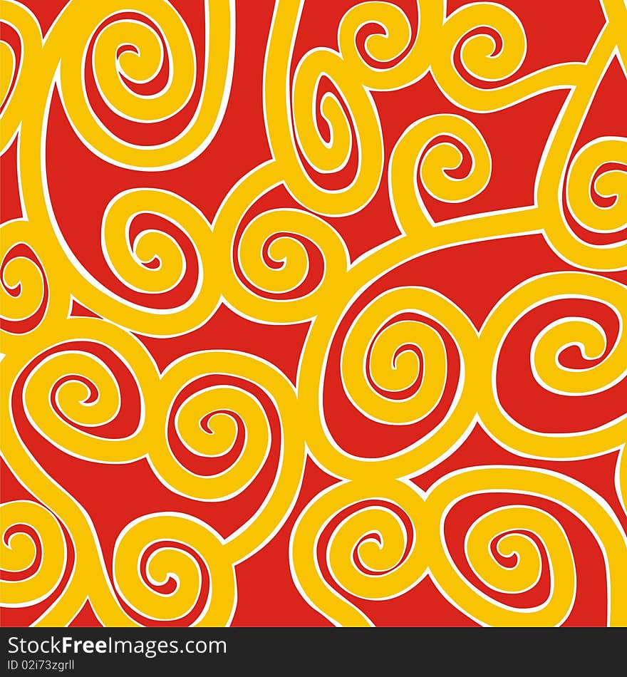 Wallpaper with orange patterns on red background. Vector illustration.