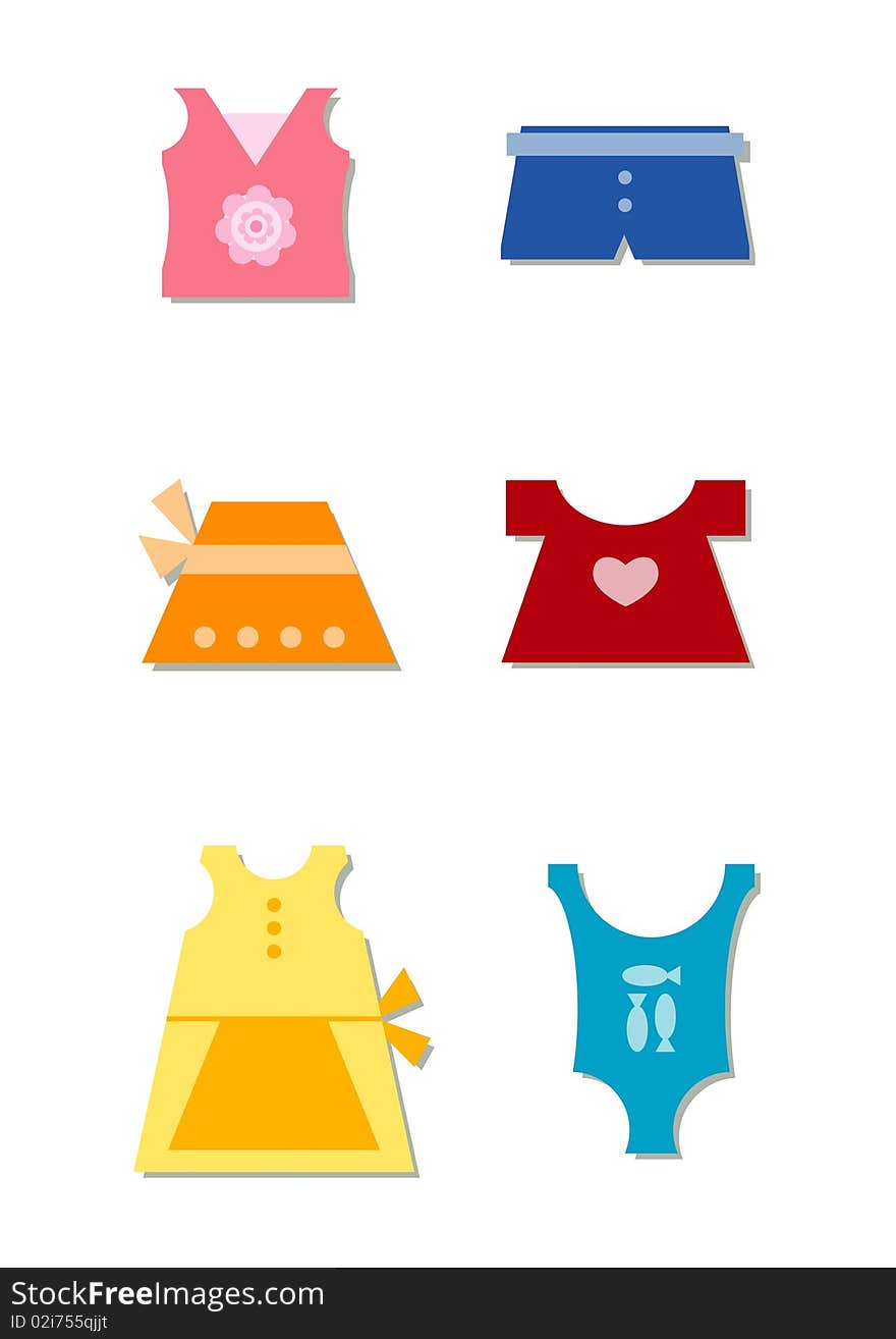 A little girl's summer clothing in bright colors including top, t-shirt, short pants, skirt, dress and bathing suit. A little girl's summer clothing in bright colors including top, t-shirt, short pants, skirt, dress and bathing suit