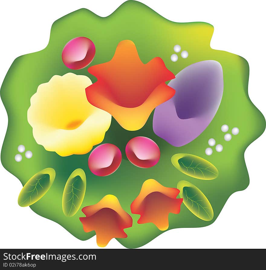 Abstract round flowers illustration with colorful flowers and green leafs.