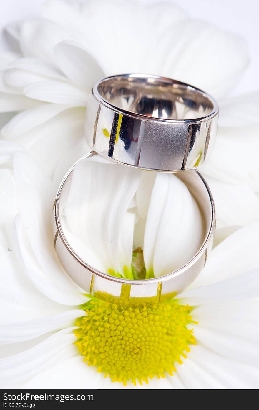 Two wedding rings with bouquet