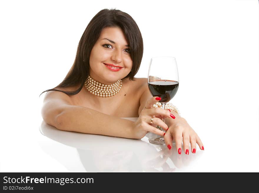 Beautiful woman with glass red wine